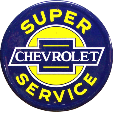 Photo of CHEVY SUPER SERVICE ROUND SIGN WITH BLUE, YELLOW AND WHITE COLORS AND GRAPHICS