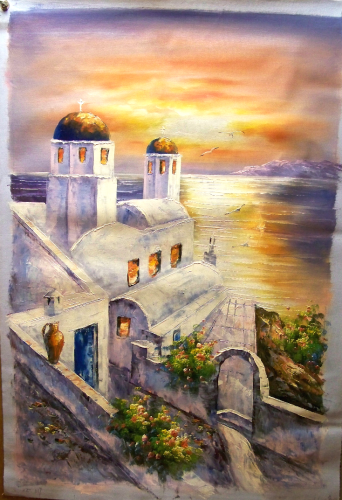Photo of CHURCH BY SEA AT SUNSET MEDIUM SIZED OIL PAINTING