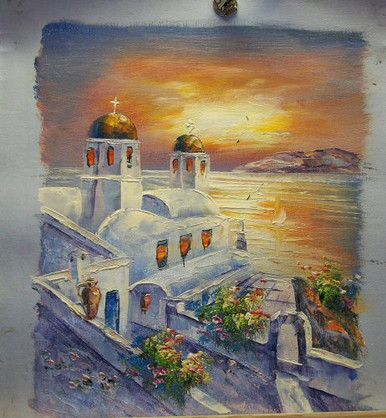 Photo of CHURCH BY SEA AT SUNSET SMALLEST SIZED OIL PAINTING