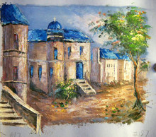 Photo of CHURCH WITH BLUE ROOFS SMALL SIZED OIL PAINTING