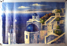Photo of CHURCH WITH BLUE ROOFS BY OCEAN SIZED OIL PAINTING