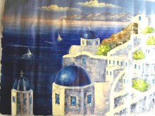 Photo of CHURCH WITH BLUE ROOFS OVERLOOKING OCEAN SIZED OIL PAINTING