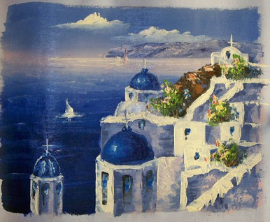 Photo of CHURCH WITH BLUE ROOFS OVERLOOKING OCEAN SIZED OIL PAINTING