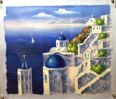 Photo of CHURCH WITH BLUE ROOFS OVERLOOKING SEA SIZED OIL PAINTING