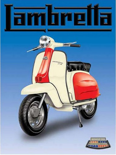 LAMBRETTA BLUE BACKGROUND, RETRO MOTOR SCOOTER ENAMEL FINISH ON HEAVY 24  GAUGE METAL SIGN S/O* - Old Time Signs