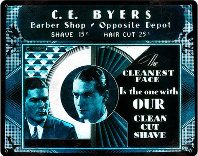 Heavy Metal Sublimation Process Sign, measures: 15" x 12" & weighs apox. 2 lbs. With holes for easy mounting. This is a Special Order sign that normally takes from 2-3 weeks to ship.     From the Barber Shop and Shoe Shine Memories licensed collection, this C.E. Byers Vintage Metal Sign measures 15 inches by 12 inches and weighs in at 2 lb(s). Boyers Barbershop advertising Lantern slide, about 1920. Lantern slides were the Flash signs that everyone saw in the theaters before the movie started & during intermissions. The projectionist would have to hand feed each slide so the audience could ponder the local advertising. These Glass slides were hand painted images and its amazing that they survived at all. Colors on the metal sign are as bright as original. This Vintage Metal Sign is hand made in the USA using heavy gauge American steel. . The price for shipping on this product is calculated for the 48 contiguous United States, Alaska, Hawaii and all other countries will require additional shipping cost. We do not have the option to add any charges to your credit card, so once we have an accurate shipping cost we will contact you and explain how to cover the additional shipping cost, If at that point you feel it is too much, we can send a refund to your credit card for the full amount of your purchase. Thanks, Clark, Old Time Signs