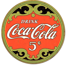 Photo of COKE ANTIQUE ROUND 5 CENTS ANTIQUE LOOKING SIGN HAS RICH COLORS AND TURN OF THE CENTURY DETAILS