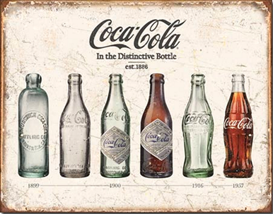 Photo of COKE BOTTLE EVOLUTIOIN, GREAT PICTORIAL HISTORY OF THE DIFFERENT BOTTLES THAT COCA-COLA HAS COME IN OVER THE YEARS, COLORS ARE MUTED TO GIVE IT AN OLD TIME LOOK