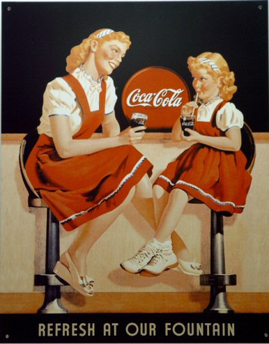 Photo of COKE FOUNTAIN THIS COCA-COLA SIGN HAS THE RED HEADED MOTHER AND DAUGHTER ENJOYING A COKE TOGETHER AT THE FOUNTAIN, CUTE SIGN, GREAT GRAPHICS AND COLOR