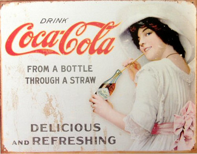 Photo of COKE GIRL W/HAT DRINKS HER COCA-COLA THRU A STRAW SIGN LOOKS LIKE AN EARLY 1900'S SIGN, THIS SIGN HAS SIMULATED RUSTY EDGES TO MAKE IT LOOK OLDER