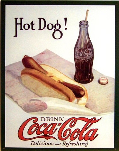 Photo of COKE & HOT DOG COCA-COLA SIGN HAS THAT LATE 1940'S NOSTALGIC LOOK WITH MUTED COLOR AND GREAT DETAILS.