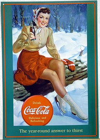 Photo of COKE ICE SKATER GIRL SITTING ON THE EDGE OF THE POND HAS THE 40'S LOOK, GREAT OLD TIME GRAPHICS AND COLOR