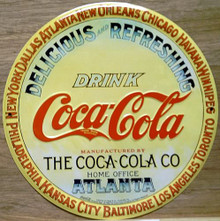 Photo of COKE KEG TOP ROUND SIGN WAS USED ON THE ENDS OF KEGS OF COCA-COLA SYRUP, NOT OFTEN SEEN BY THE PUBLIC HAS GREAT COLOR AND DETAIL