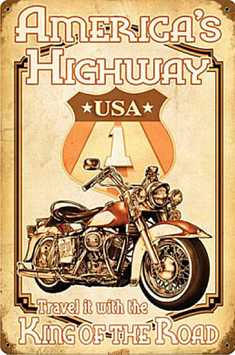 HEAVY METAL SUBLIMATION PROCESS SIGN MEASURES 12" X 18" WITH HOLES IN EACH CORNER FOR EASY MOUNTING THIS SIGN WEIGHS APOX. 2 LBS AMERICA'S HIGHWAY MOTORCYCLES (Sublimation Process) Vintage metal Sign Corners Rusted for Weathered Look. THIS IS A SPECIAL ORDER SIGN, NORMALLY TAKES 2-3 WEEKS FOR DELIVERY. The price for shipping on this product is calculated for the 48 contiguous United States, Alaska, Hawaii and all other countries will require additional shipping cost. We do not have the option to add any charges to your credit card, so once we have an accurate shipping cost we will contact you and explain how to cover the additional shipping cost, If at that point you feel it is too much, we can send a refund to your credit card for the full amount of your purchase. Thanks, Clark, Old Time Signs.