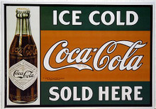 Photo of COKE SOLD HERE THIS COCA-COLA AD HAS ONE OF THE OLDER BOTTLES PICTURED, THE COLORS ARE GREAT AND THE GRAPHICS ARE VERY GOOD TOO.