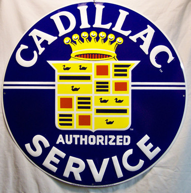 CADILLAC SERVICE METAL SIGN, MEASURES 23 1/2" DIAMETER WITH FOUR HOLES FOR EASY MOUNTING.  THIS SIGN HAS SHARP EDGES AND SHOULD NOT BE CONSIDERED A TOY FOR CHILDREN.