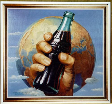 Photo of COKE WORLD WITH A HAND HOLDING A BOTTLE OF COCA-COLA WITH THE WORLD IN THE BACKGROUND HAS SHARP RICH COLORS AND IS NO LONGER IN PRINT, WE HAVE THREE LEFT IN STOCK