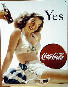 Photo of COKE YES SIGN HAS A GIRL IN A BIKINI GETTING READY TO SAY YES TO A COKE BEING OFFERED (BY A YOUNG MAN?) GREAT COLOR AND GRAPHICS IN THIS SIGN