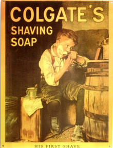 COLGATE "HIS FIRST SHAVE" ENAMEL SIGN HAS RICH WARM COLOR AND DETAILS