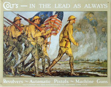 Photo of COLT IN THE LEAD, AN ADD FOR COLT REVOLVERS, AUTOMATIC PISTOLS AND MACHINE GUNS, GREAT WWI GRAPHICS WITH GHOST FROM THE PAST SALUTING THEM