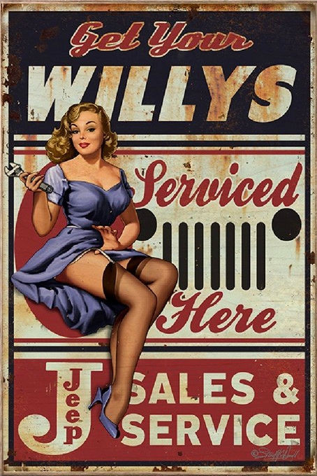 VINTAGE SIGN Willys Serviced Here 12 x 18