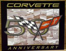 Photo of CORVETTE 50TH ANNIVERSARY SIGN WITH THE CORVETTE FLAGS AND OLD PHOTO'S IN THE BACKGROUND THIS SIGN IS OUT OF PRODUCTION AND STOCKS ARE LIMITED