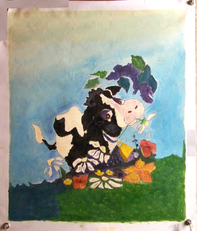 Photo of COW WITH FLOWERS MEDIUM SIZED OIL PAINTING