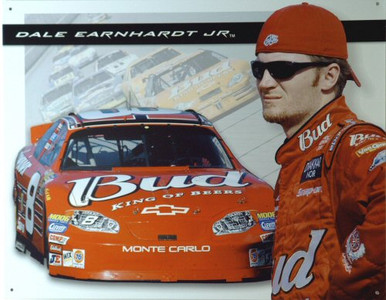 Photo of DALE JR. BUDWEISER RACING NASCAR SIGN, THE OLD # 8 CAR IS A PART OF HIS RACING HISTORY... WITH GREAT COLOR AND SUPER GRAPHICS, A PART OF JR'S PAST. THIS SIGN IS OUT OF PRINT BUT WE STILL HAVE SEVERAL LEFT