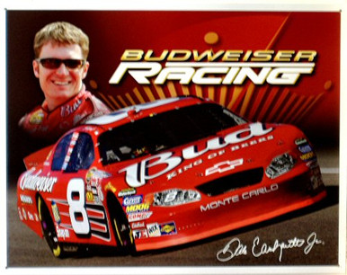 Photo of DALE JR. BUDWEISER RACING NASCAR SIGN, THE # 8 IS NOW HISTORY FOR JR.   WITH GREAT COLOR AND SUPER GRAPHICS THIS SIGN IS OUT OF PRINT AND WE HAVE BUT FOUR LEFT