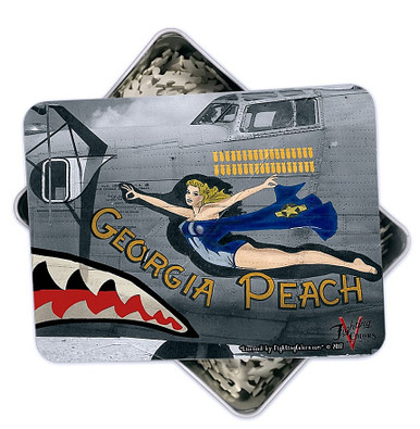 GEORGIA PEACH BOMBER NOSE ART 500 PC PUZZLE & TIN GIFT SET IN METAL BOX WITH DECORATED LID S/O