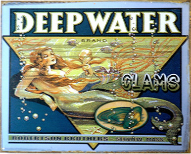 DEEPWATER CLAMS, THIS SIGN IS PRE-RUSTED TO GIVE A MORE ANTIQUE LOOK, THE MERMAID LOOKS LIKE SHE IS ENJOYING CLAMS.. MUTED, UNDERSEA COLORS AND GRAPHICS ADD TO THIS SIGNS OLD TIME LOOK