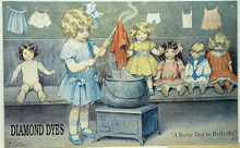 Photo of DIAMOND DYES, GUTMAN, THIS TURN OF THE CENTURY PICTURE OF A CUTE LITTLE GIRL DYING HER DOLL CLOTHES IS VERY CUTE.  THE COLORS ARE REMINISANT OF AN EARLY SIGN