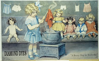 Photo of DIAMOND DYES, GUTMAN, THIS TURN OF THE CENTURY PICTURE OF A CUTE LITTLE GIRL DYING HER DOLL CLOTHES IS VERY CUTE.  THE COLORS ARE REMINISANT OF AN EARLY SIGN