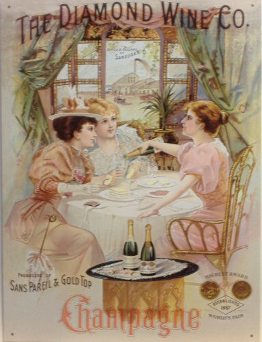 Photo of DIAMOND WINE CHAMPAGNE SHOWS THE LADIES HAVING A SPOT OF BUBBLY, RICH COLORS AND EARLY 1900 GRAPHICS ADD TO THE CHARM OF THIS SIGN