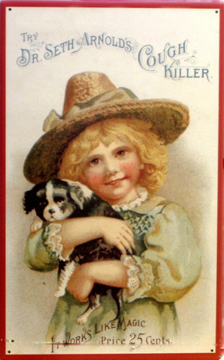 DR. SETH COUGH KILLER SIGN, AN OLD FASHION ADD WITH A YOUNG CHILD HOLDING A PUPPY.. VERY CUTE GRAPHICS AND WARM COLORS