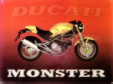 Photo of DUCATI "MONSTER" ENAMEL MOTORCYCLE SIGN, HAS VERY RICH COLOR AND GREAT GRAPHICS