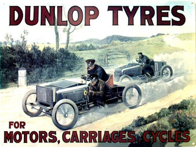 Photo of DUNLOP TYRES ENAMEL SIGN THIS BRITISH AD FOR MOTORS, CARRIAGES & CYCLES HAS TWO VERY OLD RACE CARS.. RICH COLORS AND FINE DETAILS