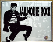 Photo of ELVIS JAILHOUSE ROCK BLACK AND WHITE SIGN HAS SCENES FROM THE MOVIE IN THE BACKGROUND