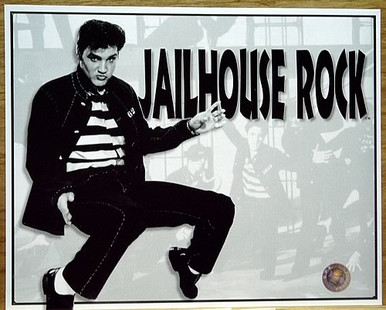 Photo of ELVIS JAILHOUSE ROCK BLACK AND WHITE SIGN HAS SCENES FROM THE MOVIE IN THE BACKGROUND