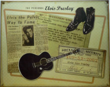 Photo of ELVIS, PERSONEL ITEMS THIS SIGN IS PRE-RUSTED FOR A RUSTIC LOOK AND HAS A PICTURE OF AN OLD NEWSPAPER ARTICLE PRAISING HIS PREFORMANCE, A TELEGRAM, A COPY OF HIS SOCIAL SECURITY CARD ALONG WITH A PICTURE OF HIS BOOTS AND GUITAR.  GREAT SIGN FOR THE SERIOUS ELVIS FAN