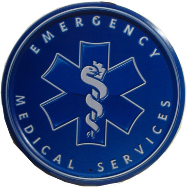 EMS ROUND SIGN, IS BLUE AND WHITE AND THE ONLY EMS SIGN IN OUR COLLECTION