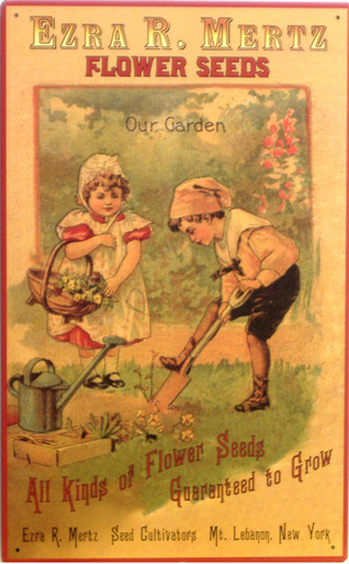 EZRA MERTZ FLOWER SEEDS SIGN OLD FASHION LOOK, A LAD AND LASS ARE PLANTING SEEDS