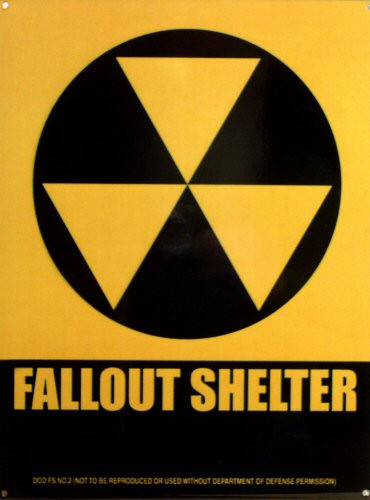 Photo of FALLOUT SHELTER SYMBOL SIGN WITH THE WORDS FALLOUT SHELTER, THIS IS A PORCELAIN SIGN WITH SHARP DETAILS