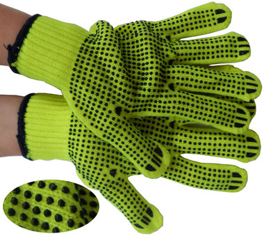 LIME String Knit Gloves with Black Dots Pic 1