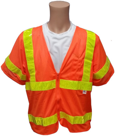 ANSI 2004 SLEEVED Class 3 Double Stripe Orange Mesh Safety Vests - Lime Stripes 