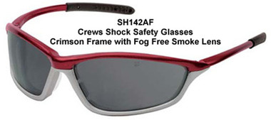 Crews Shock Safety Glasses ~ Crimson Frame ~ Fog Free Smoke Lens