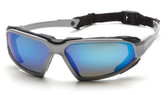 Pyramex Highlander Safety Glasses ~ Silver/Black Frame - Ice Blue Mirror Anti-Fog Lens