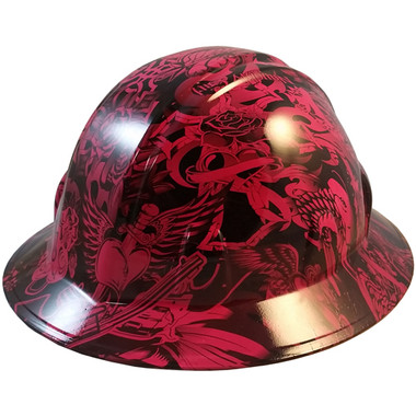Tattoo Pink Hydro Dipped Hard Hats Full Brim Design - Oblique View
