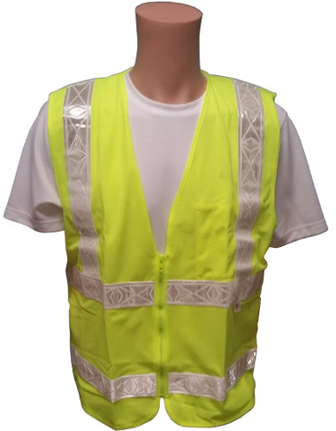 ANSI 2004 Sleeveless Class 2 Double Stripe LIME Safety Vests - Silver Stripes Front