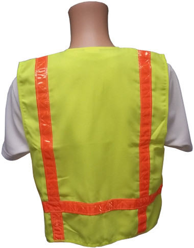 Lime Surveyors Safety Vest with Orange Stripes and Pockets Back